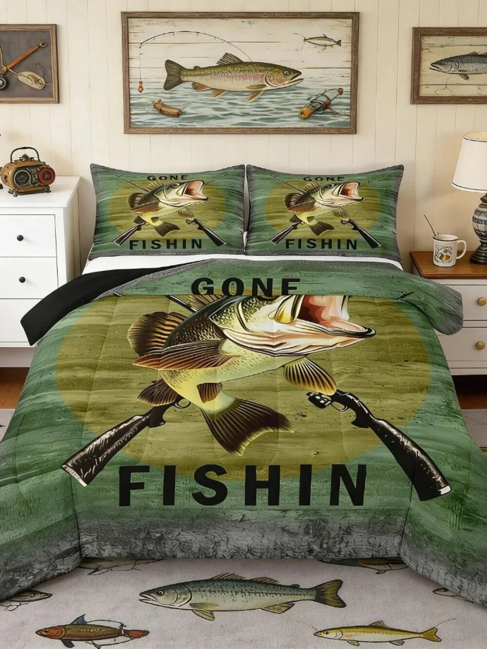 Pike Fish Hunting Comforter Set Twin Size Kids Boys Bedding